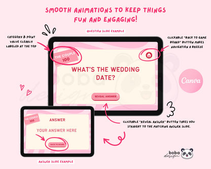 Pink and Peach Vibes – Editable Bachelorette Jeopardy Game (Canva Template)