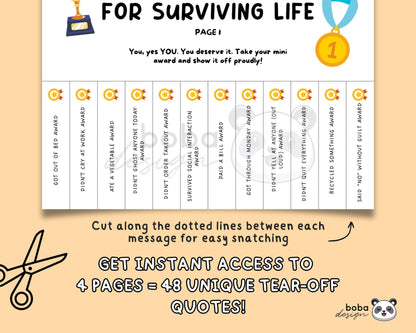 4 Funny Awards for Surviving Life Tear-Offs - Printable Office Sign, Cubicle Decor