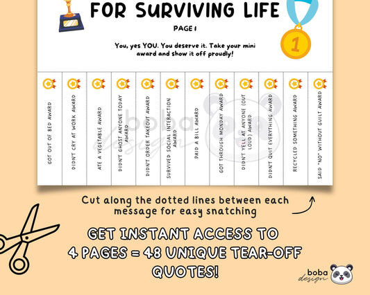 4 Funny Awards for Surviving Life Tear-Offs - Printable Office Sign, Cubicle Decor