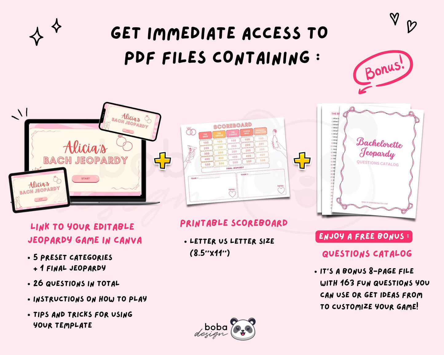 Pink and Peach Vibes – Editable Bachelorette Jeopardy Game (Canva Template)