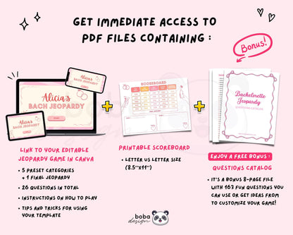 Pink and Peach Vibes – Editable Bachelorette Jeopardy Game (Canva Template)