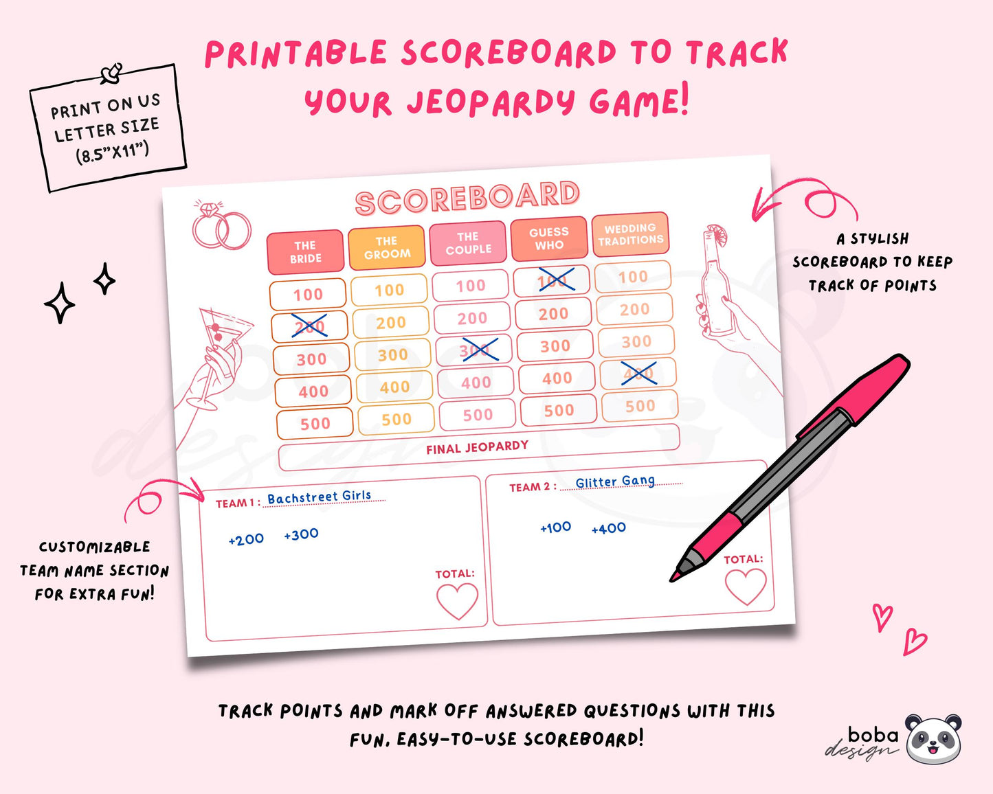 Pink and Peach Vibes – Editable Bachelorette Jeopardy Game (Canva Template)
