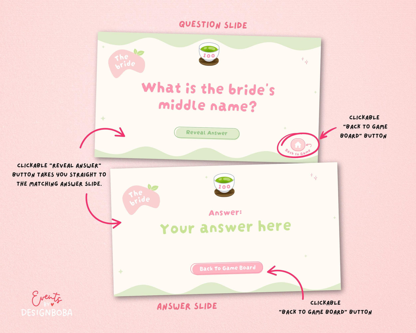Matcha-Inspired Jeopardy Game – Tea Party Bachelorette (Canva Template)