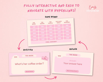 Retro Pink Vibe – Retro Bachelorette Jeopardy Game (Canva Template)