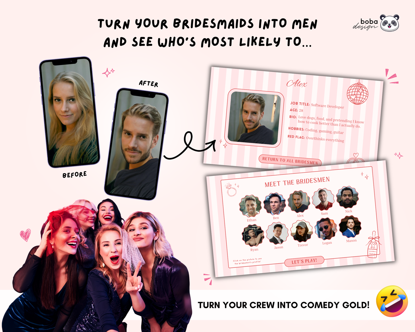 Pink Stripe Gender Swap Bachelorette Game - Bridesmaids to Bridesmen