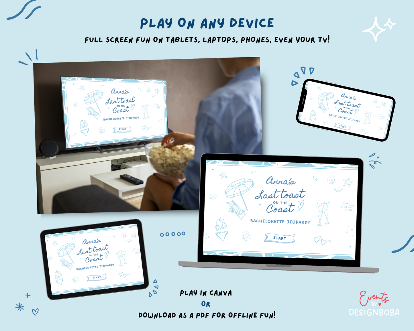 Last Toast on The Coast V2 – Blue Bachelorette Jeopardy Game (Canva Template)