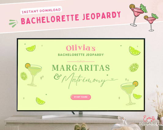 Margs and Matrimony V2 – Green & Pink Bachelorette Jeopardy Game (Canva Template)