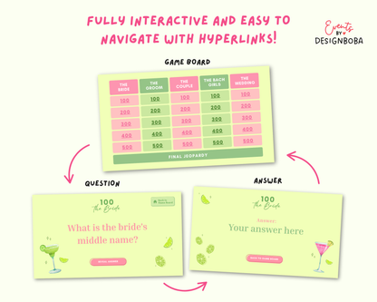 Margs and Matrimony V2 – Green & Pink Bachelorette Jeopardy Game (Canva Template)