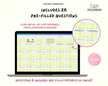 Margs and Matrimony V2 – Green & Pink Bachelorette Jeopardy Game (Canva Template)