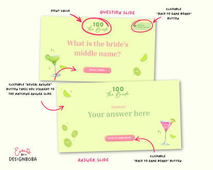 Margs and Matrimony V2 – Green & Pink Bachelorette Jeopardy Game (Canva Template)