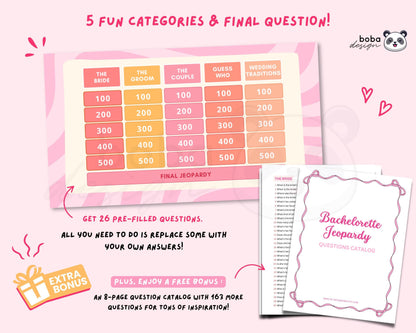 Pink and Peach Vibes – Editable Bachelorette Jeopardy Game (Canva Template)