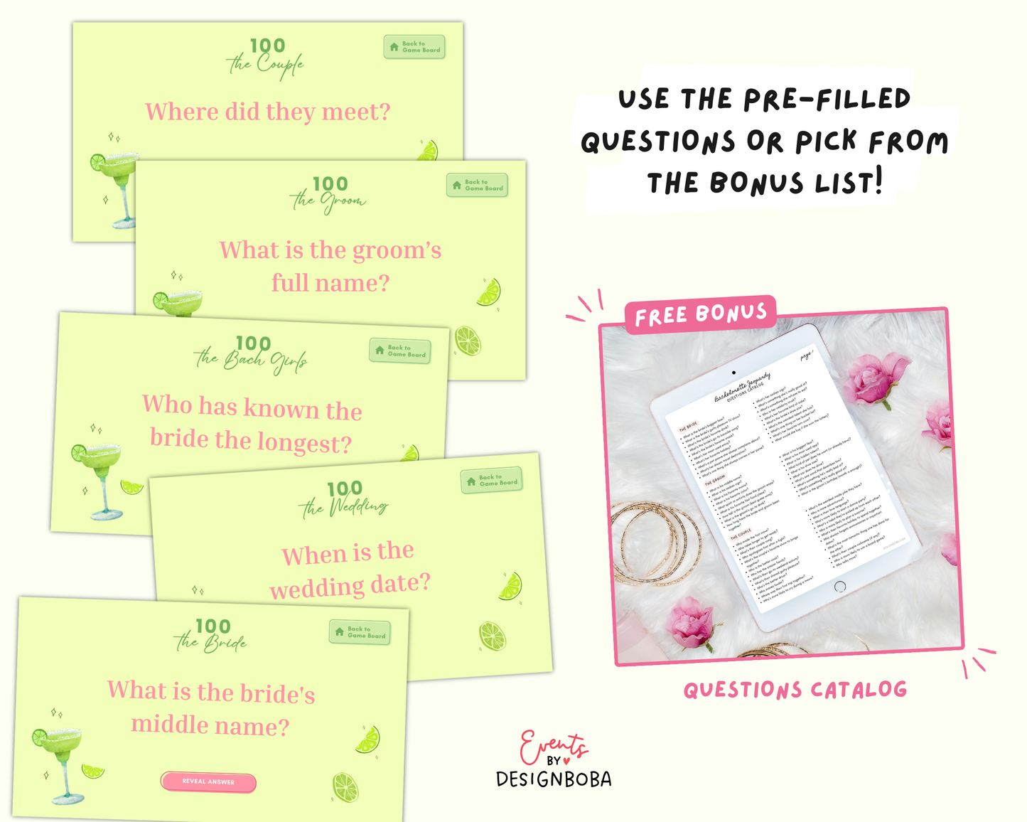 Margs and Matrimony V2 – Green & Pink Bachelorette Jeopardy Game (Canva Template)
