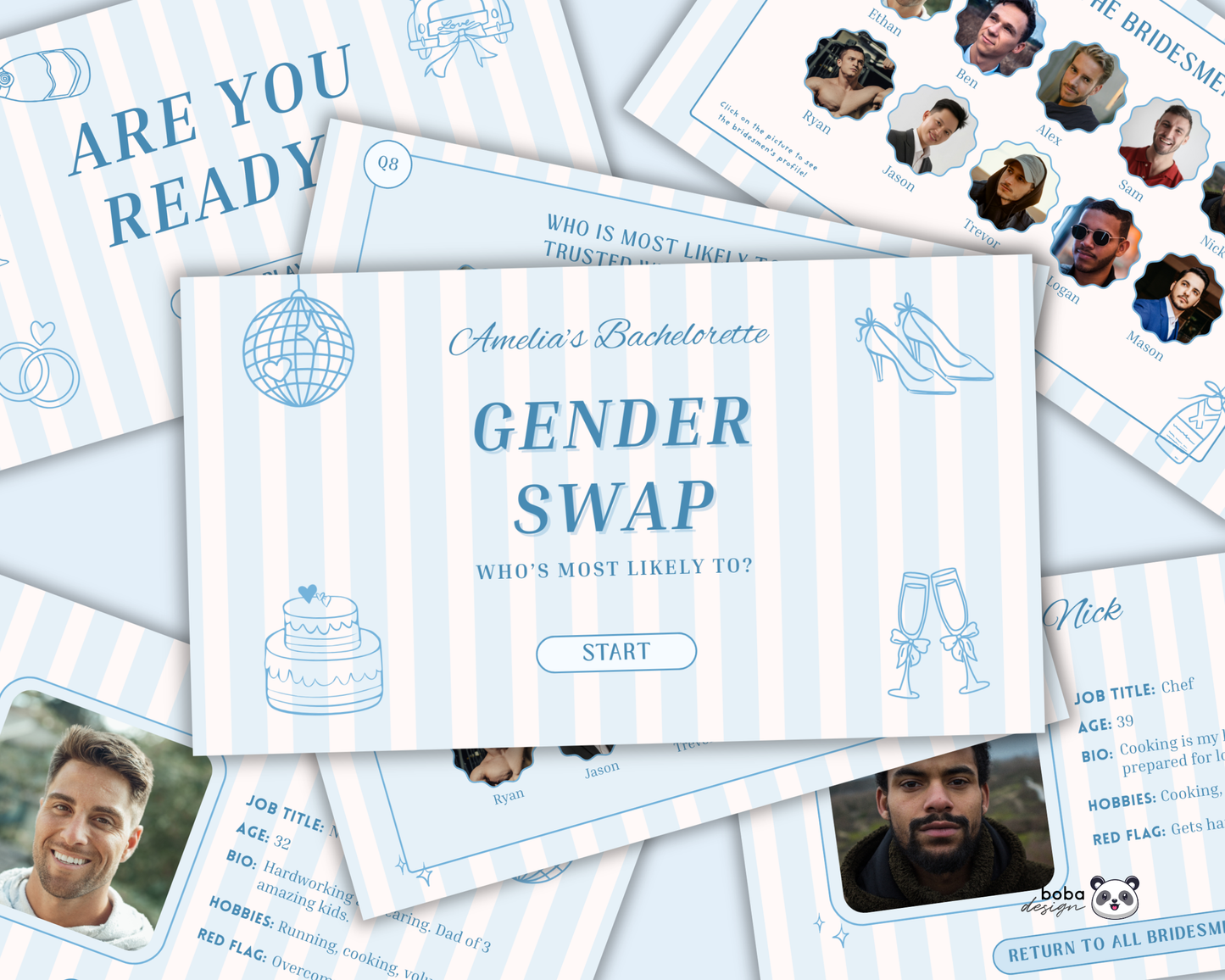 Blue Stripe Gender Swap Bachelorette Game - Bridesmaids to Bridesmen