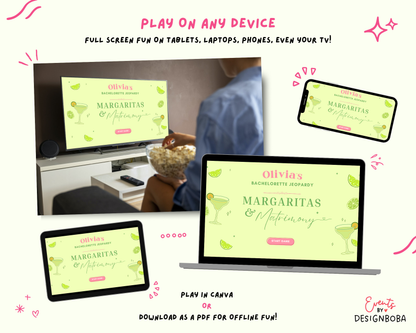 Margs and Matrimony V2 – Green & Pink Bachelorette Jeopardy Game (Canva Template)