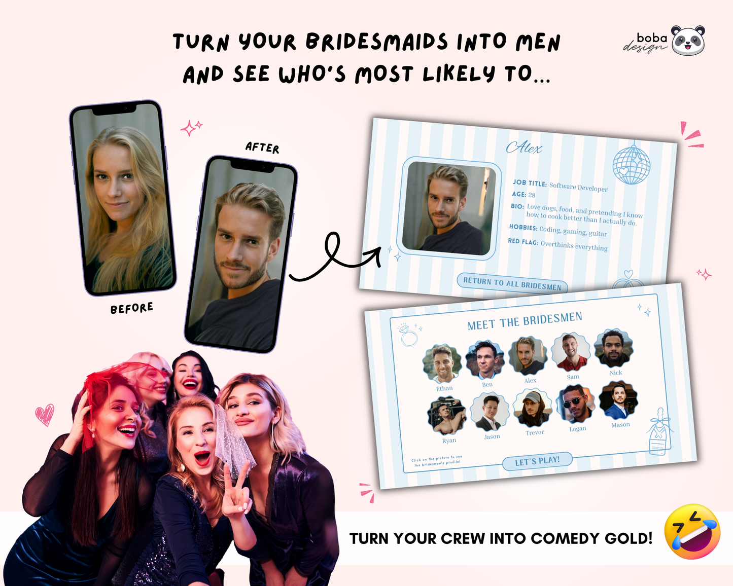 Blue Stripe Gender Swap Bachelorette Game - Bridesmaids to Bridesmen