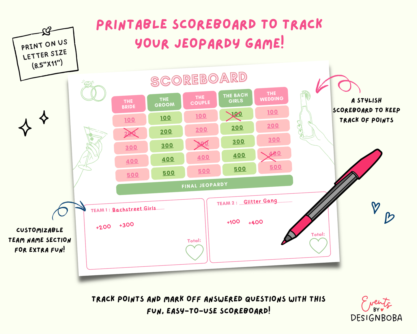 Margs and Matrimony V2 – Green & Pink Bachelorette Jeopardy Game (Canva Template)