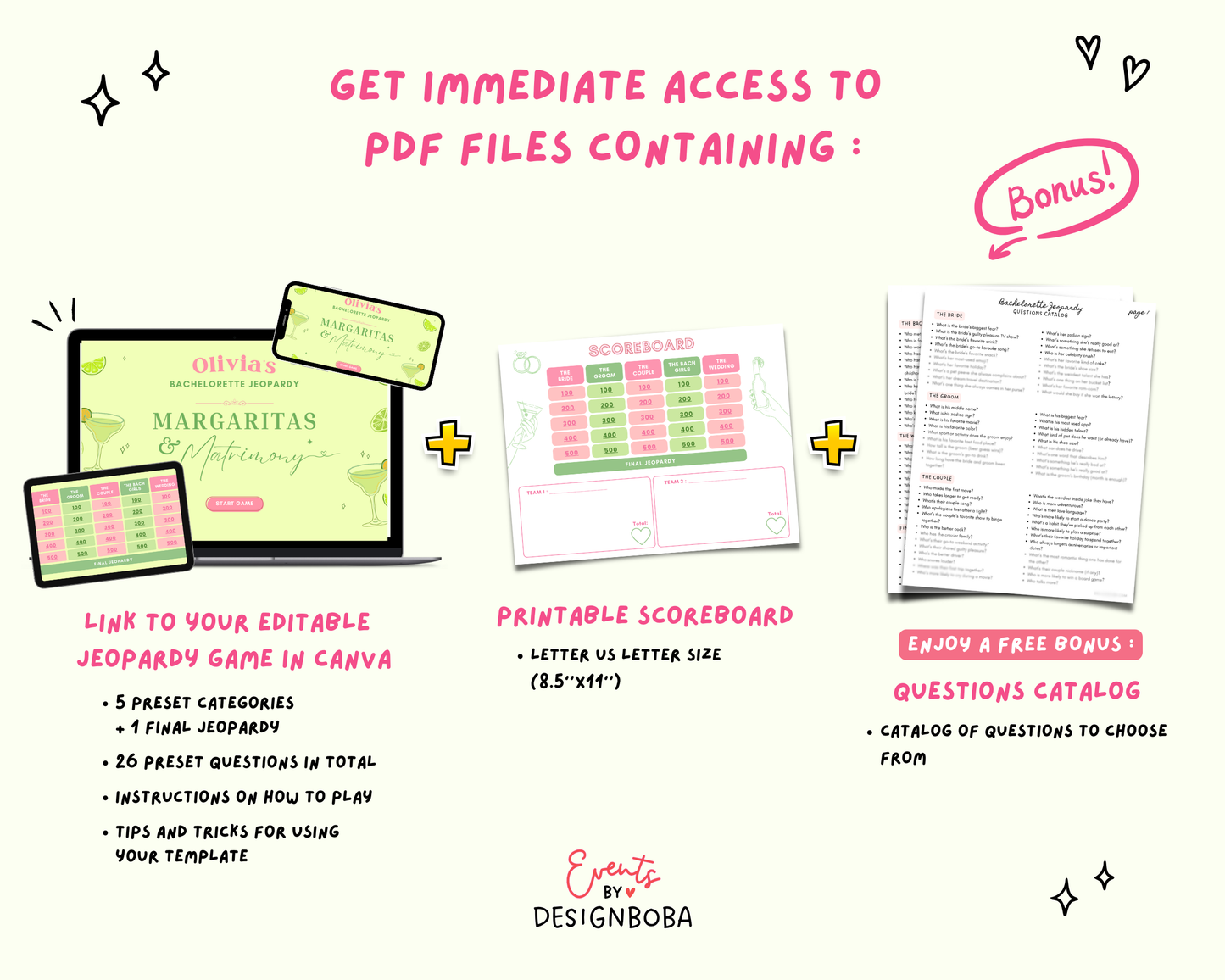 Margs and Matrimony V2 – Green & Pink Bachelorette Jeopardy Game (Canva Template)