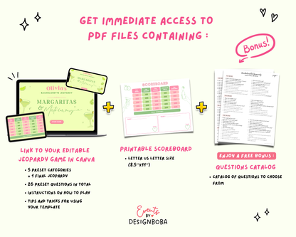Margs and Matrimony V2 – Green & Pink Bachelorette Jeopardy Game (Canva Template)