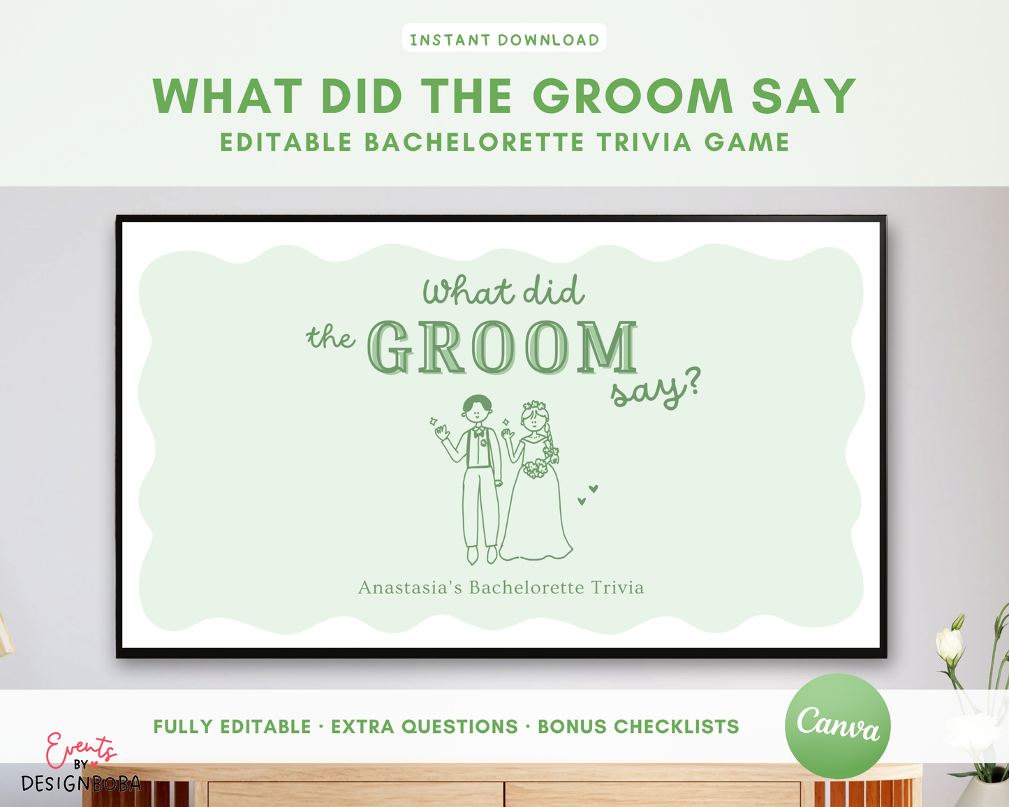 Green What Did the Groom Say – Bachelorette Game (Editable Canva Template)