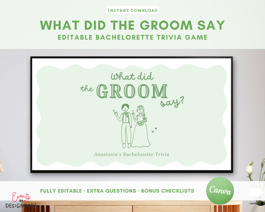 Green What Did the Groom Say – Bachelorette Game (Editable Canva Template)