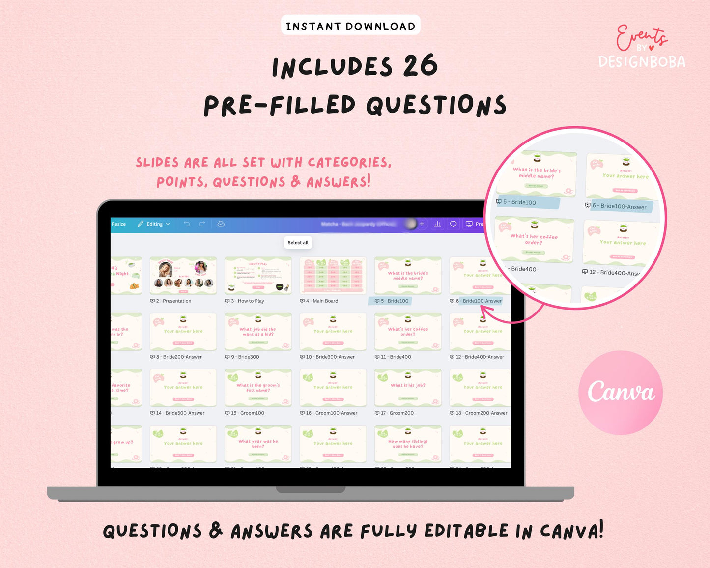 Matcha-Inspired Jeopardy Game – Tea Party Bachelorette (Canva Template)