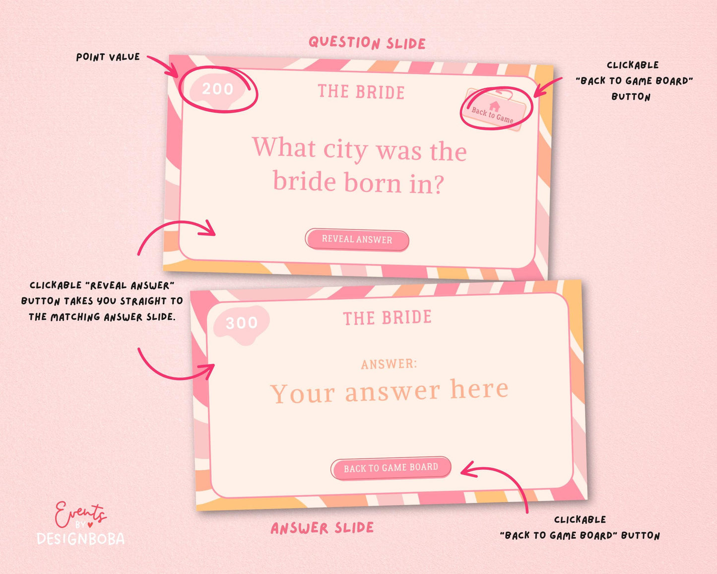 Retro Pastel Vibes – Retro Bachelorette Jeopardy Game (Canva Template)