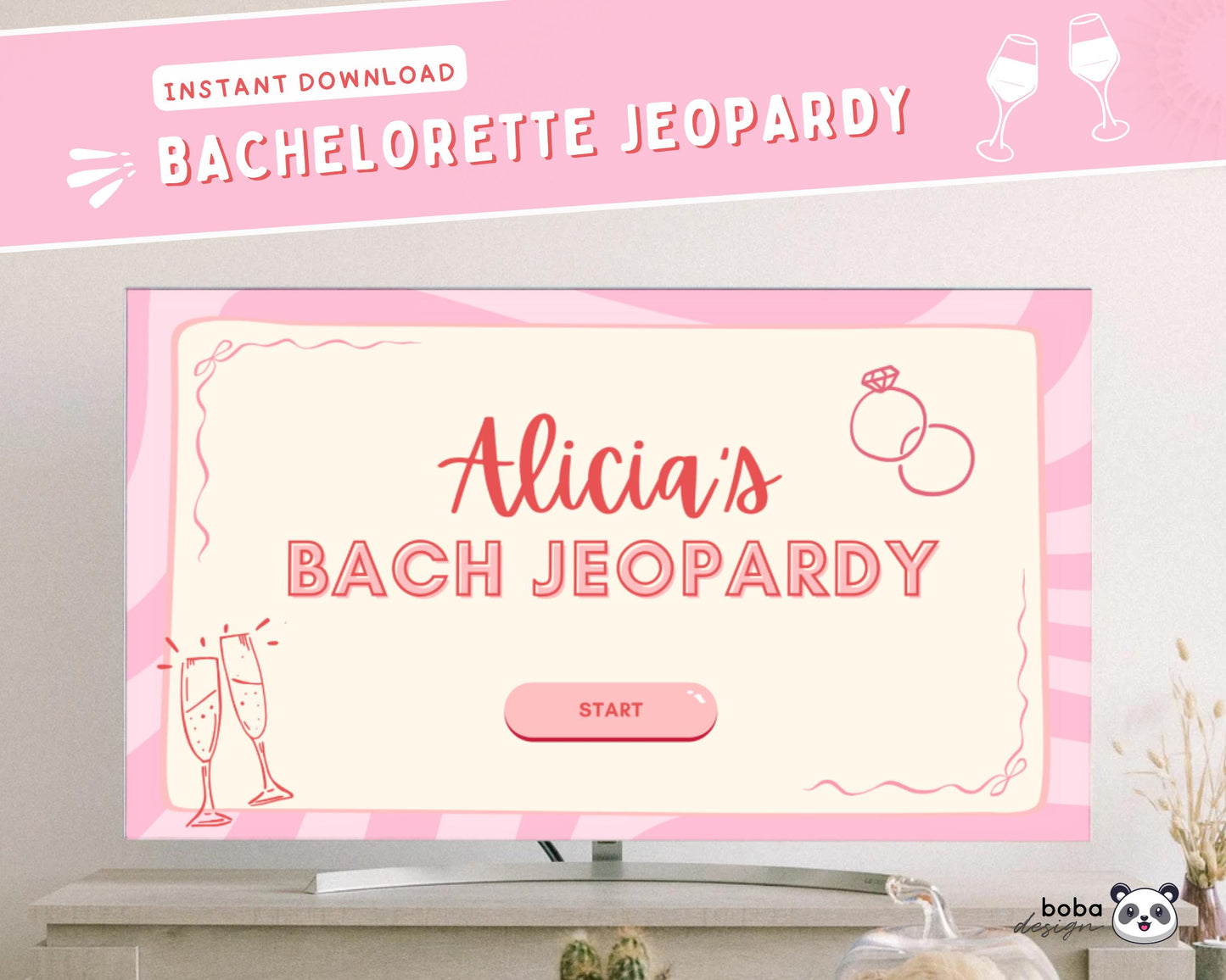 Pink and Peach Vibes – Editable Bachelorette Jeopardy Game (Canva Template)