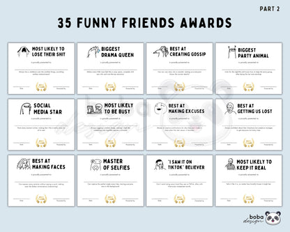 35 Funny Friends Awards - Printable Appreciation and Reunion Gift
