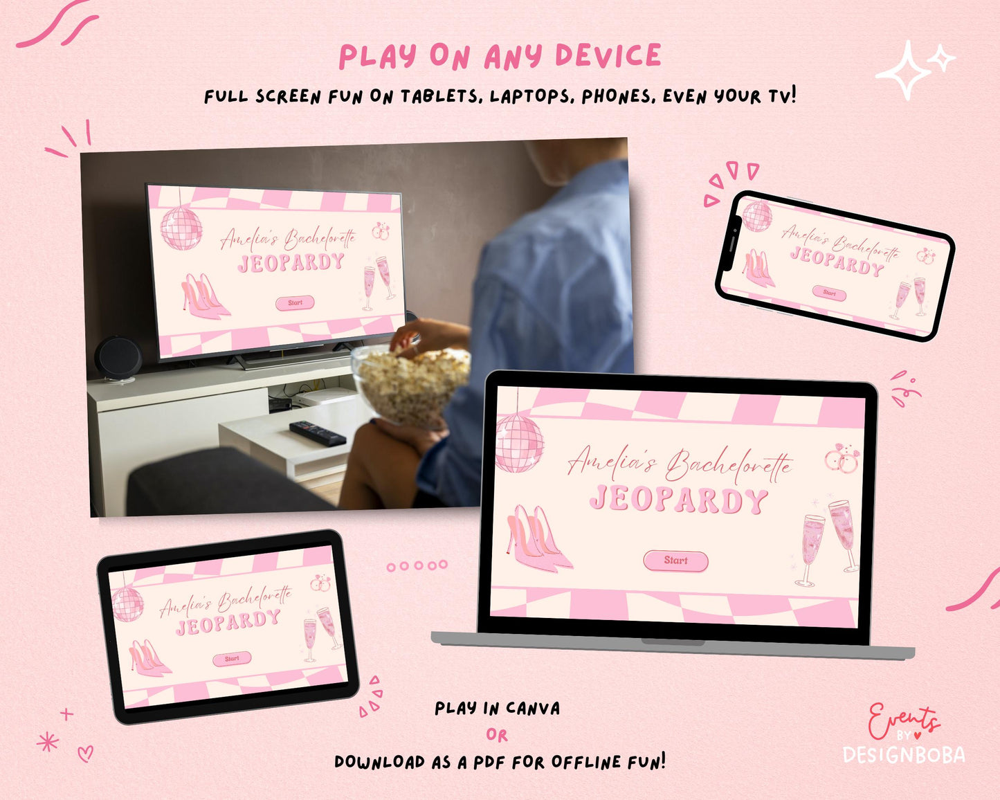 Retro Pink Vibe – Retro Bachelorette Jeopardy Game (Canva Template)