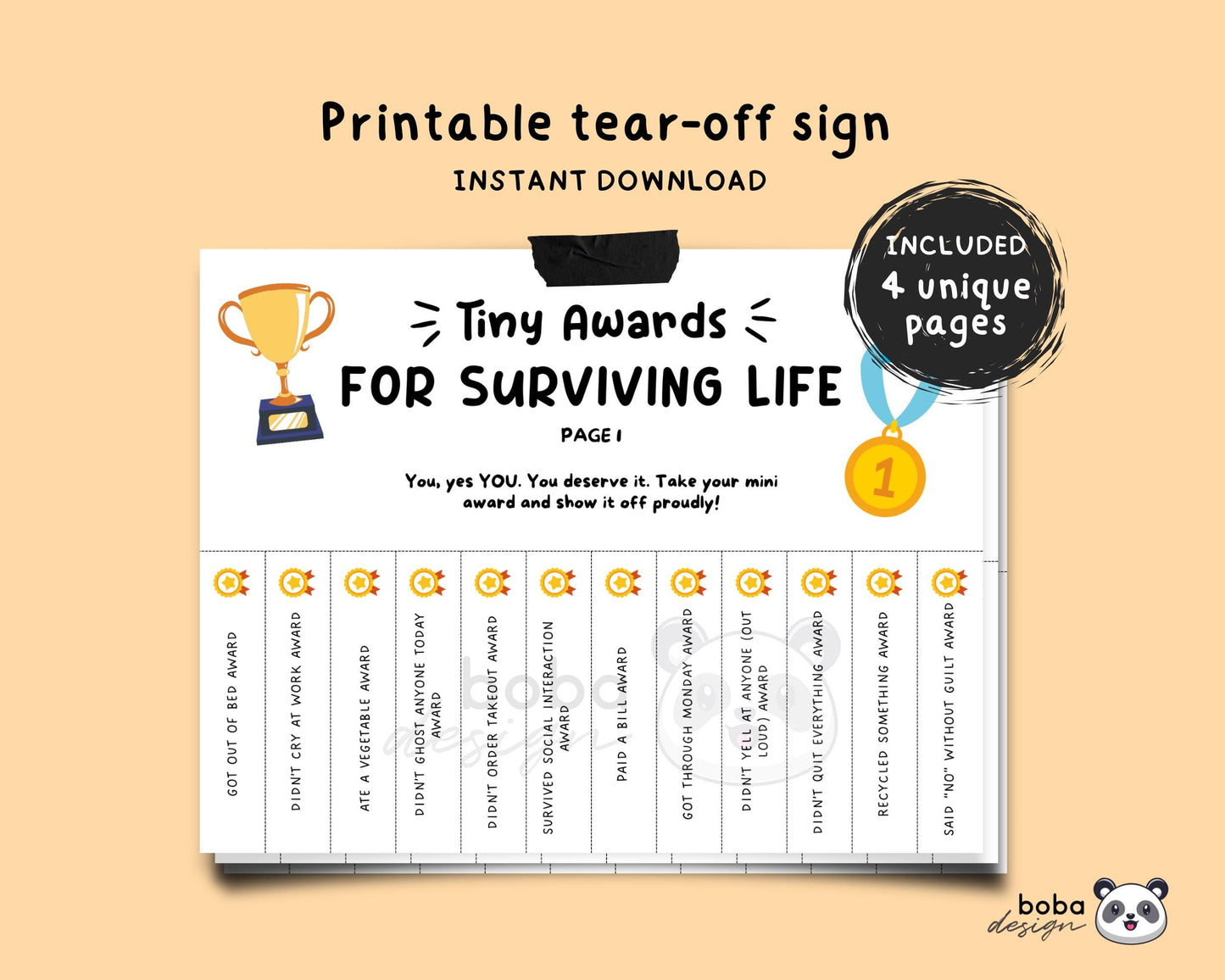 4 Funny Awards for Surviving Life Tear-Offs - Printable Office Sign, Cubicle Decor