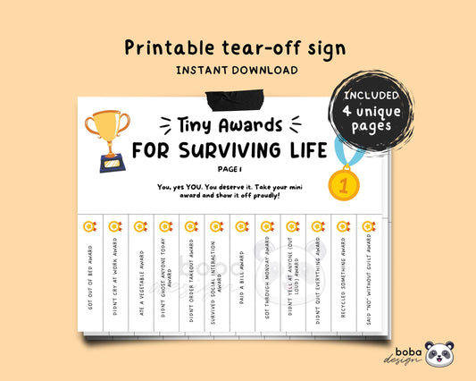 4 Funny Awards for Surviving Life Tear-Offs - Printable Office Sign, Cubicle Decor