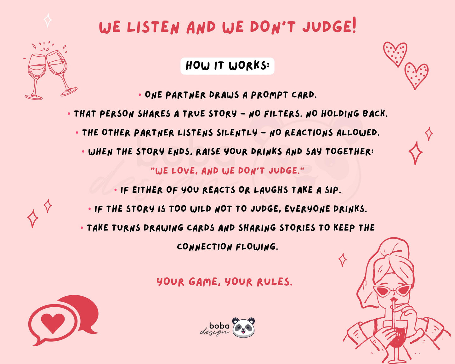 (Spicy Edition) We Love and We Don’t Judge – Printable Couples Drinking Game