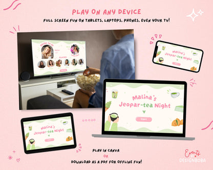 Matcha-Inspired Jeopardy Game – Tea Party Bachelorette (Canva Template)