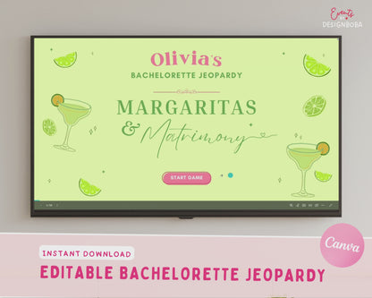 Margs and Matrimony V2 – Green & Pink Bachelorette Jeopardy Game (Canva Template)