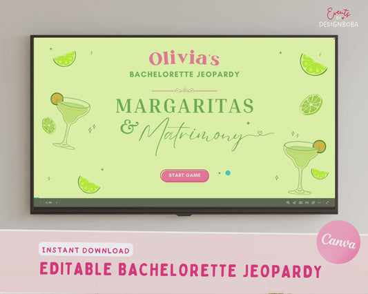 Margs and Matrimony V2 – Green & Pink Bachelorette Jeopardy Game (Canva Template)