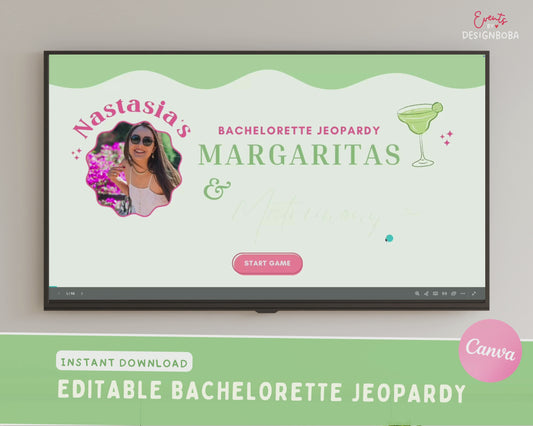 Margs and Matrimony V1 – Green & Pink Bachelorette Jeopardy Game (Canva Template)