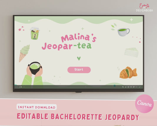 Matcha-Inspired Jeopardy Game – Tea Party Bachelorette (Canva Template)